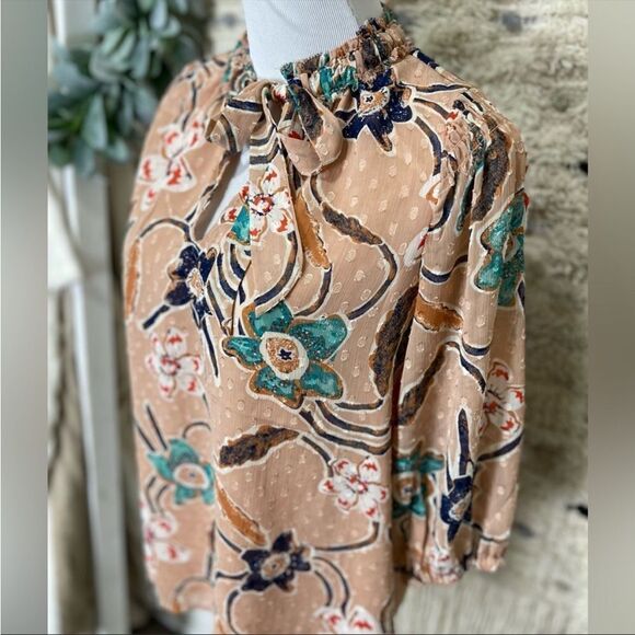 NWT Joie tan polka dot tie neck floral blouse M - Picture 4 of 6